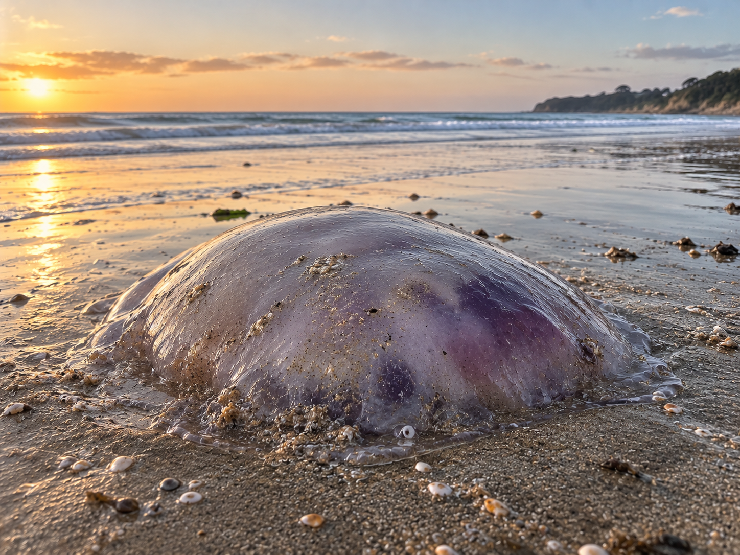 A large translucent purple jellyfish in shallow clear water